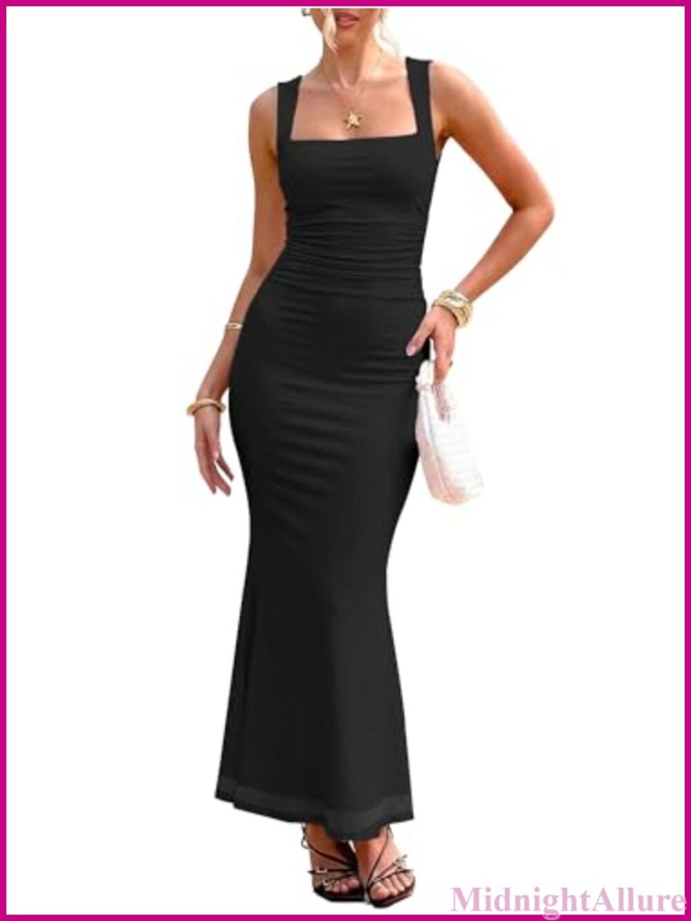 Square Neck Ruched Bodycon Maxi Dress Sleeveless Formal Cocktail